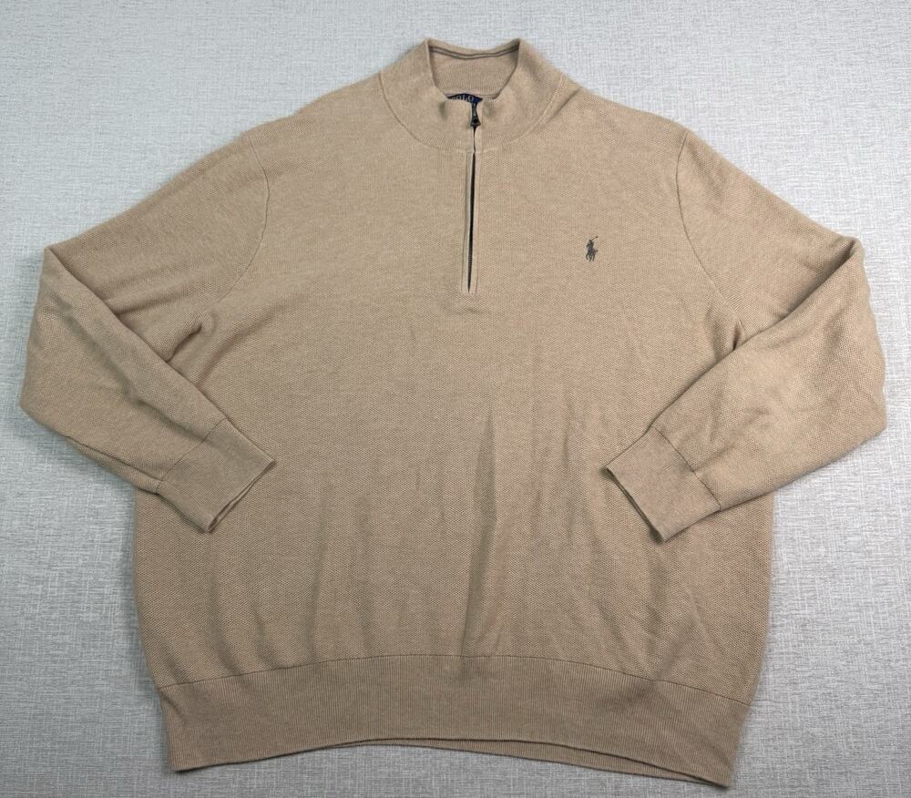Polo Ralph Lauren Sweater Men’s 3XB Big Tan Cotton Quarter Zip Knit Pony